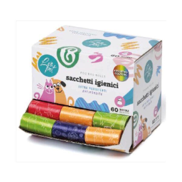 Présentoir de sacchets hygiéniques de 60 rouleaux couleurs ass.